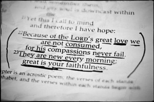 Text in photo: Because of the Lord's great love we are not consumed, for his compassions never fail. They are new every morning; great is your faithfulness.
