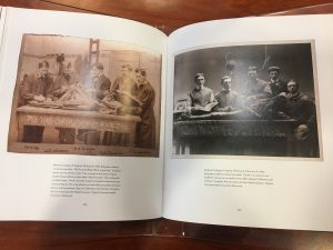 An old book featuring images of doctors in sepia and greyscale.